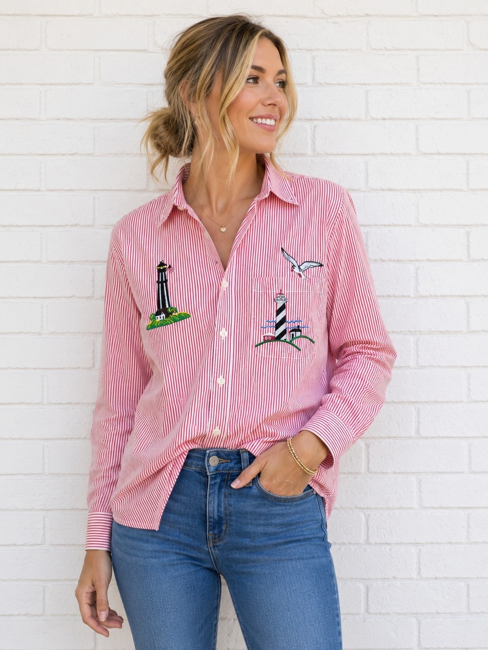 Las Olas Womens M Nautical Lighthouse Embroidered Striped Button Shirt
